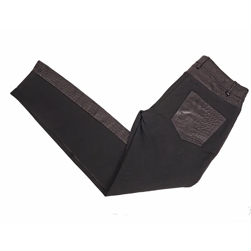 40 XS NEW $2495 ROBERTO CAVALLI Runway Black LEATHER PANELED Croc Embossed PANTS