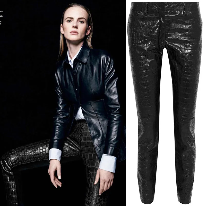 40 XS NEW $2495 ROBERTO CAVALLI Runway Black LEATHER PANELED Croc Embossed PANTS