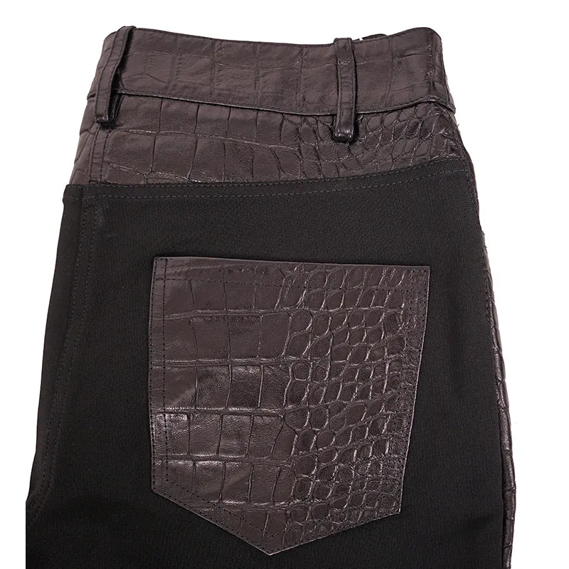 40 XS NEW $2495 ROBERTO CAVALLI Runway Black LEATHER PANELED Croc Embossed PANTS
