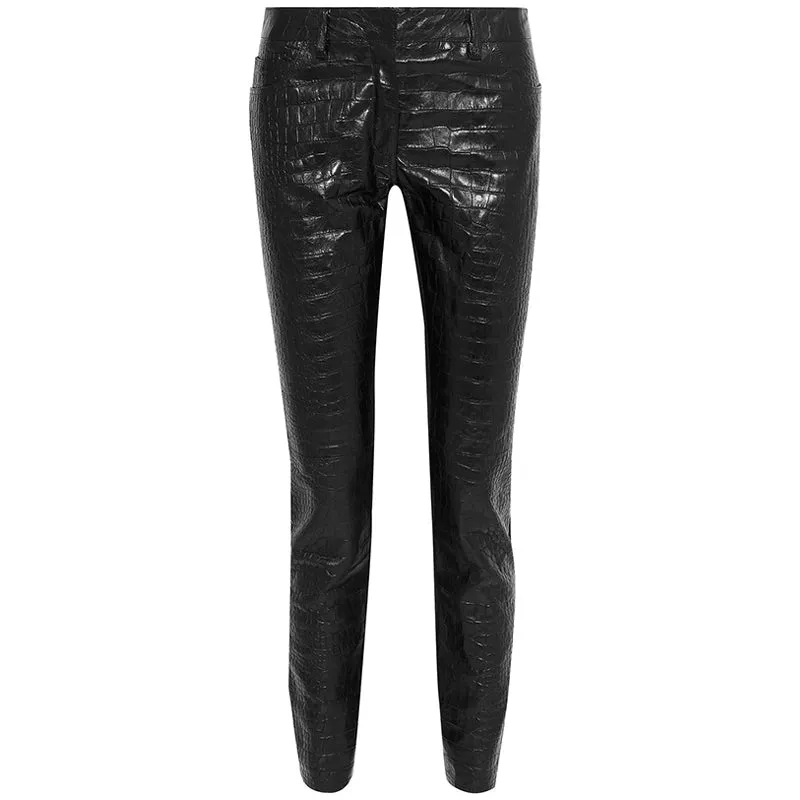 40 XS NEW $2495 ROBERTO CAVALLI Runway Black LEATHER PANELED Croc Embossed PANTS