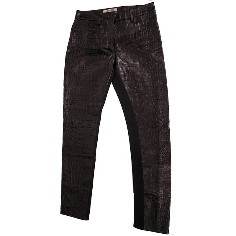 40 XS NEW $2495 ROBERTO CAVALLI Runway Black LEATHER PANELED Croc Embossed PANTS