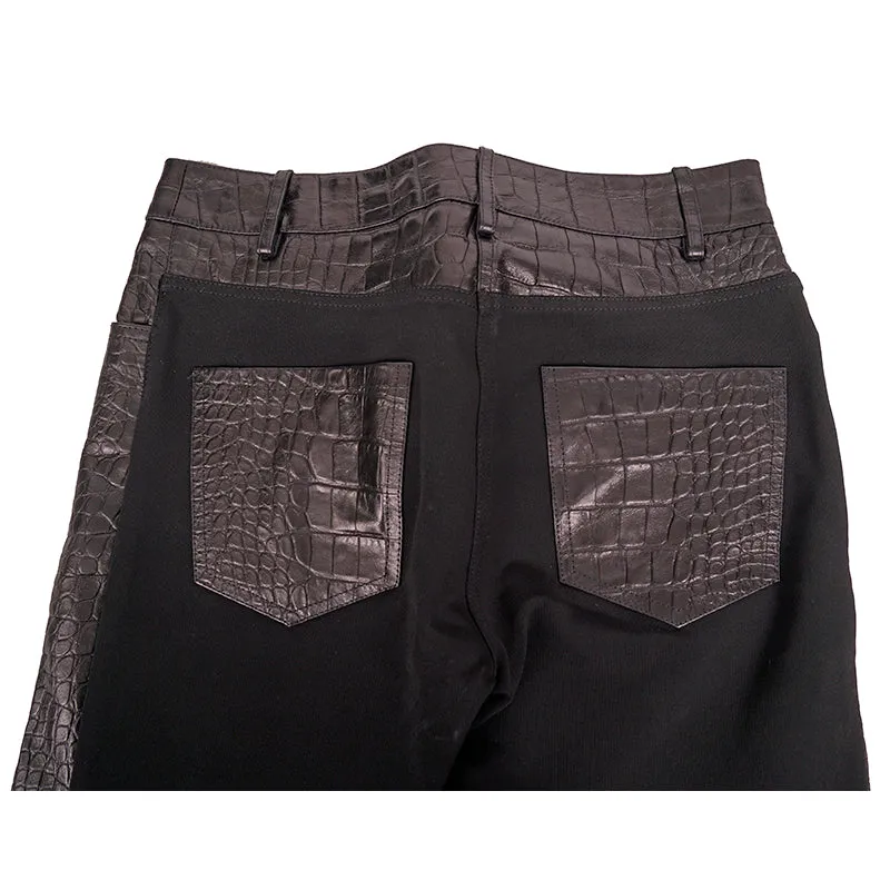 40 XS NEW $2495 ROBERTO CAVALLI Runway Black LEATHER PANELED Croc Embossed PANTS