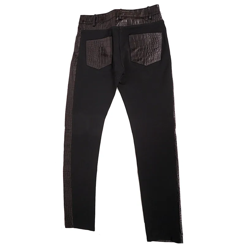 40 XS NEW $2495 ROBERTO CAVALLI Runway Black LEATHER PANELED Croc Embossed PANTS
