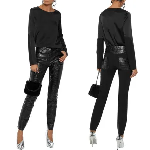 40 XS NEW $2495 ROBERTO CAVALLI Runway Black LEATHER PANELED Croc Embossed PANTS
