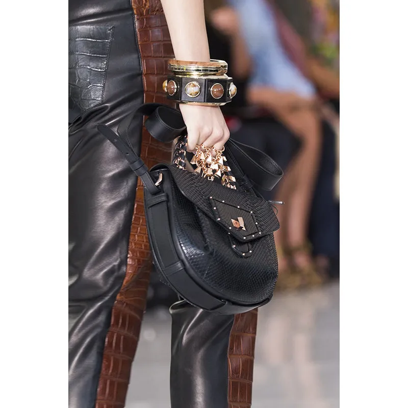 40 XS NEW $2495 ROBERTO CAVALLI Runway Black LEATHER PANELED Croc Embossed PANTS