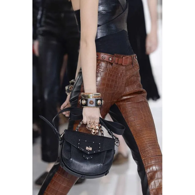40 XS NEW $2495 ROBERTO CAVALLI Runway Black LEATHER PANELED Croc Embossed PANTS