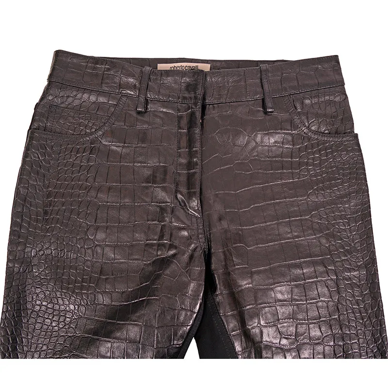 40 XS NEW $2495 ROBERTO CAVALLI Runway Black LEATHER PANELED Croc Embossed PANTS