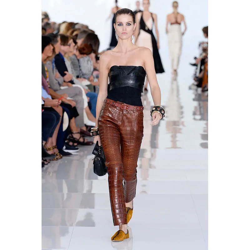 40 XS NEW $2495 ROBERTO CAVALLI Runway Black LEATHER PANELED Croc Embossed PANTS