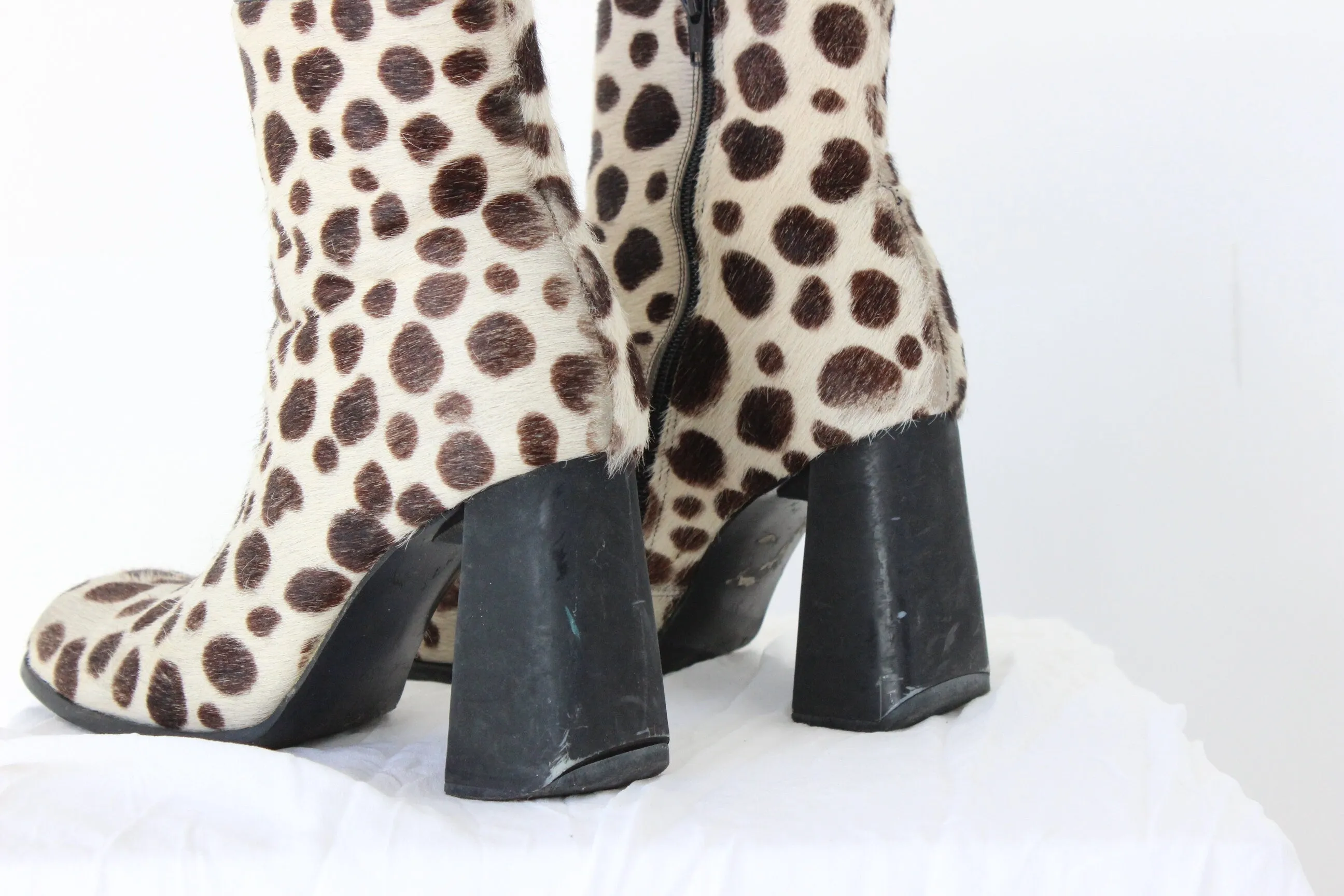 90s Pony Fur / Calfskin Polka Dot Animal Spot Boots - Euro 39