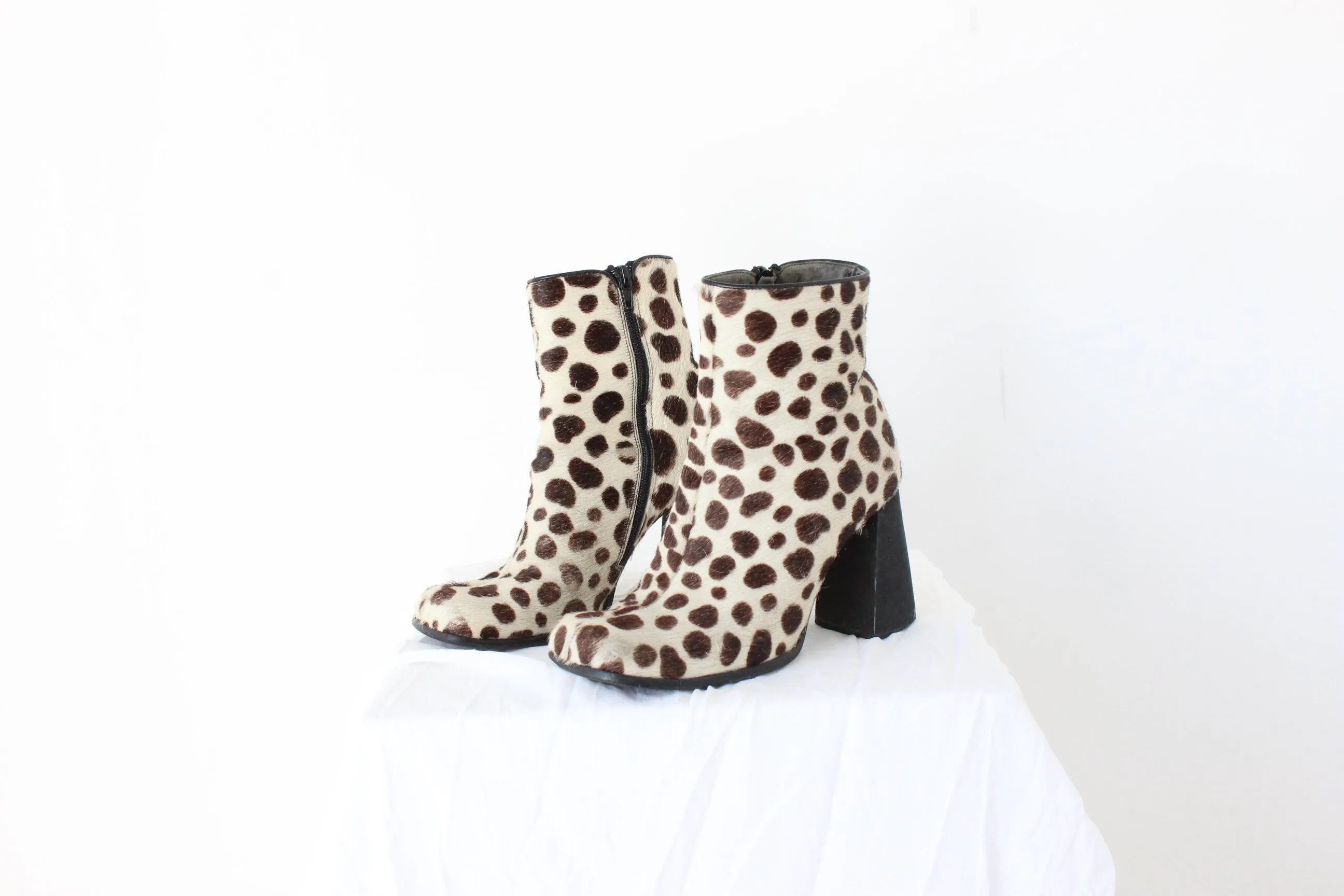 90s Pony Fur / Calfskin Polka Dot Animal Spot Boots - Euro 39