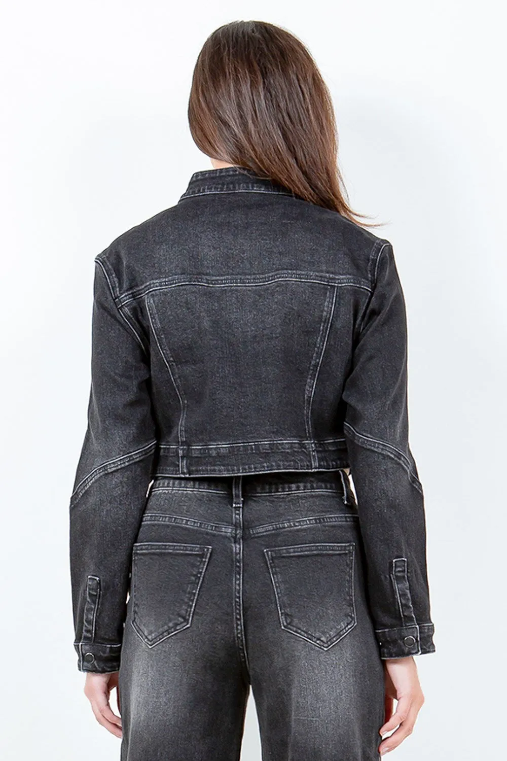 American Bazi Full Size Zip Up Cropped Denim Rider Jacket Plus Size