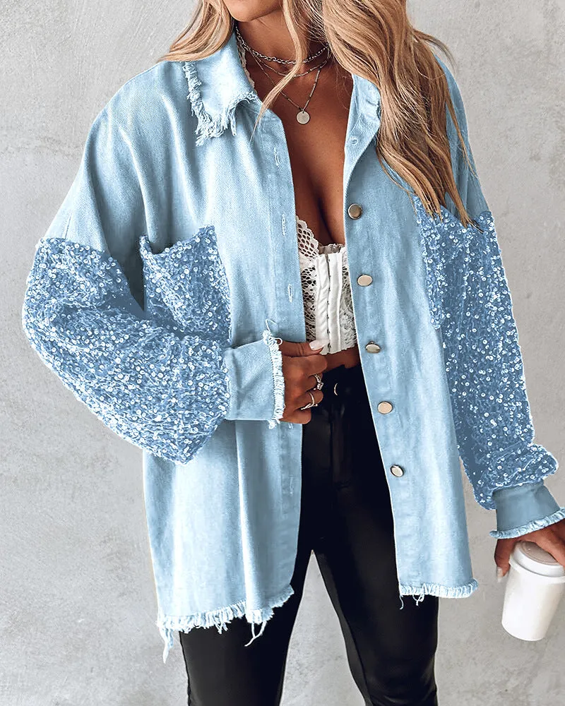 Amsoin Contrast Sequin Raw Hem Shacket