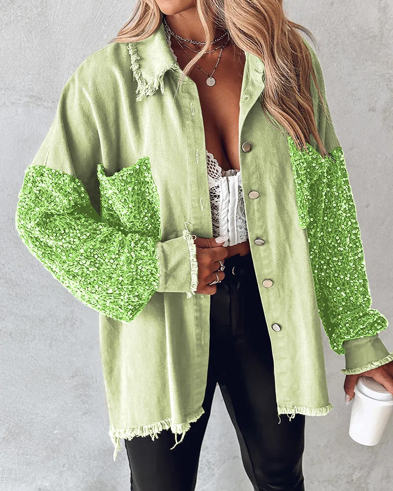 Amsoin Contrast Sequin Raw Hem Shacket