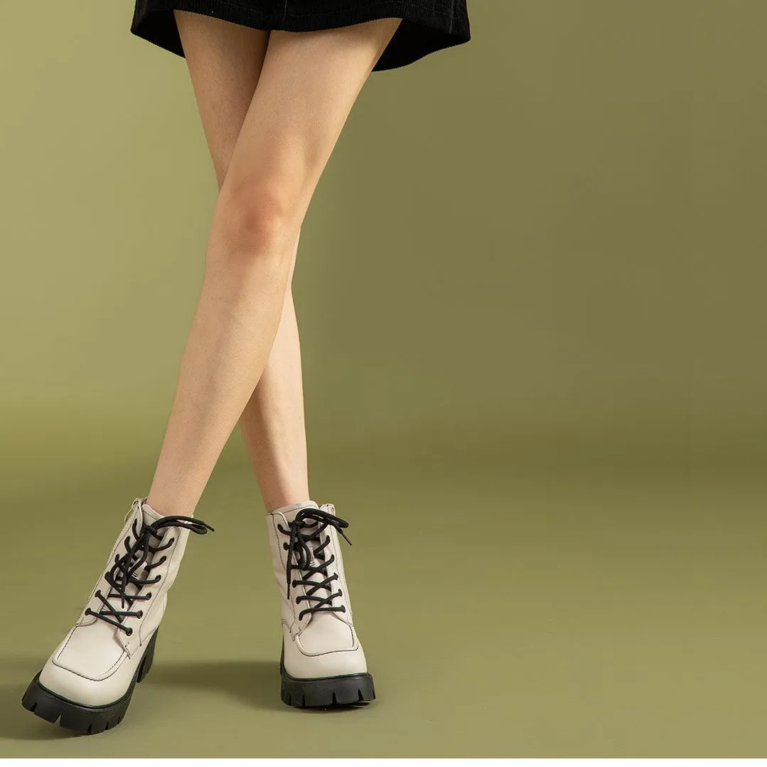 BeauToday Leather Platform Sole Ankle Boots for Women
