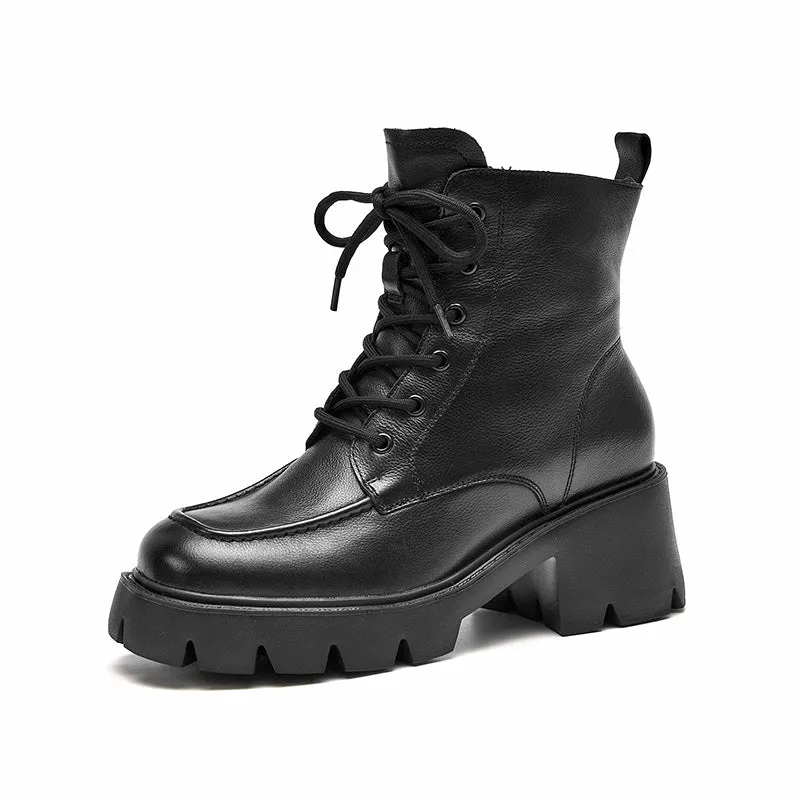 BeauToday Leather Platform Sole Ankle Boots for Women