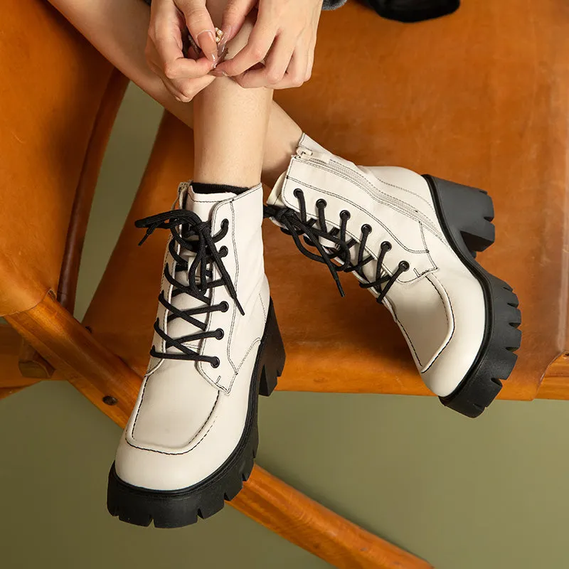BeauToday Leather Platform Sole Ankle Boots for Women