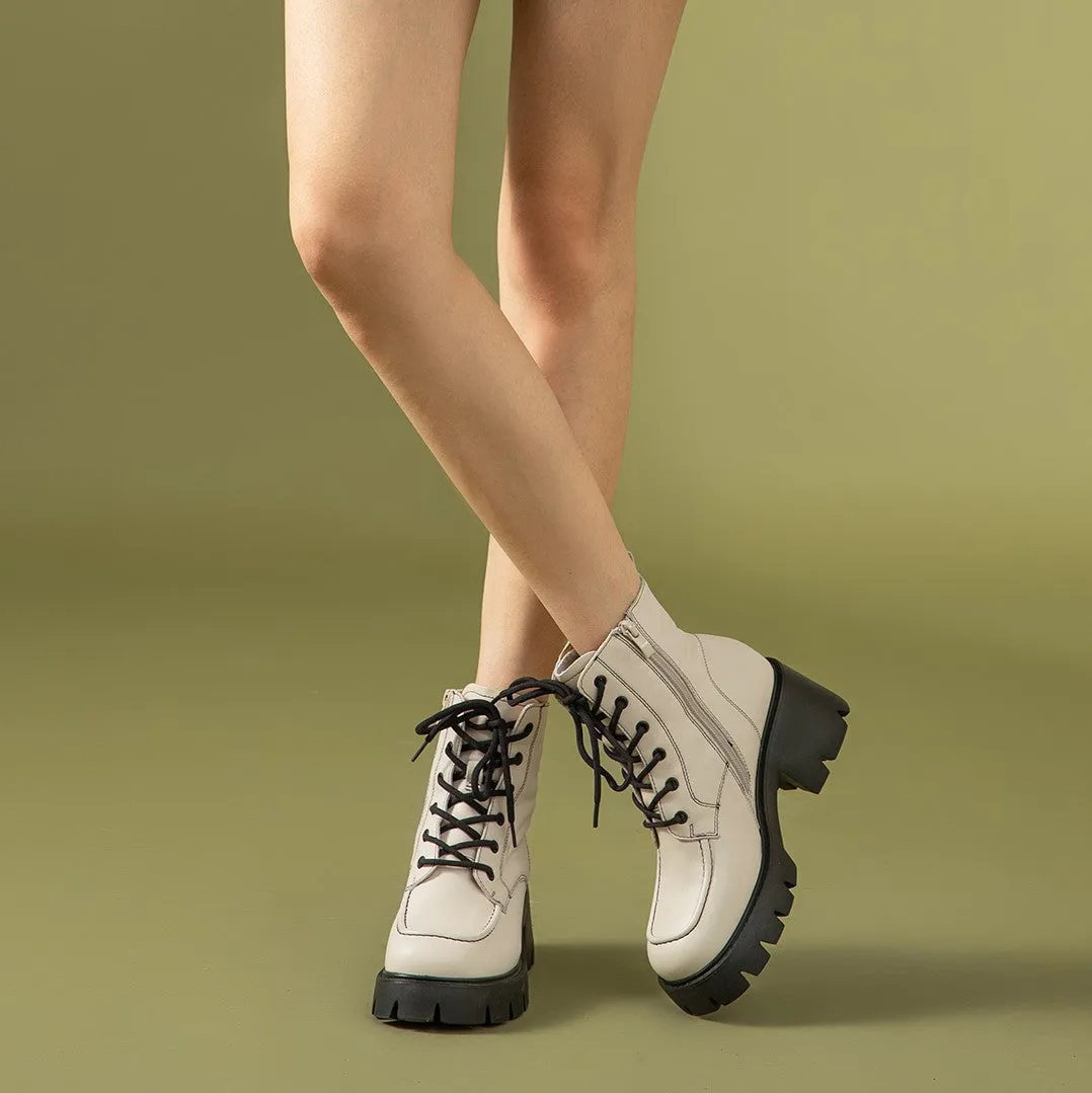 BeauToday Leather Platform Sole Ankle Boots for Women