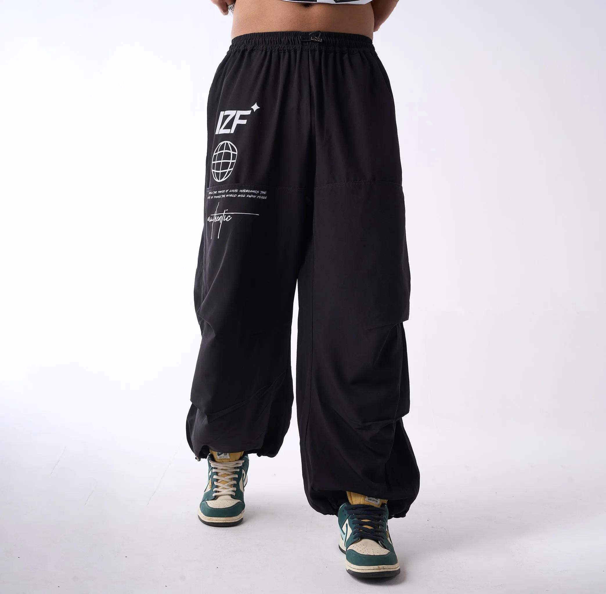 Black Printed Air Parachute Pants for Men