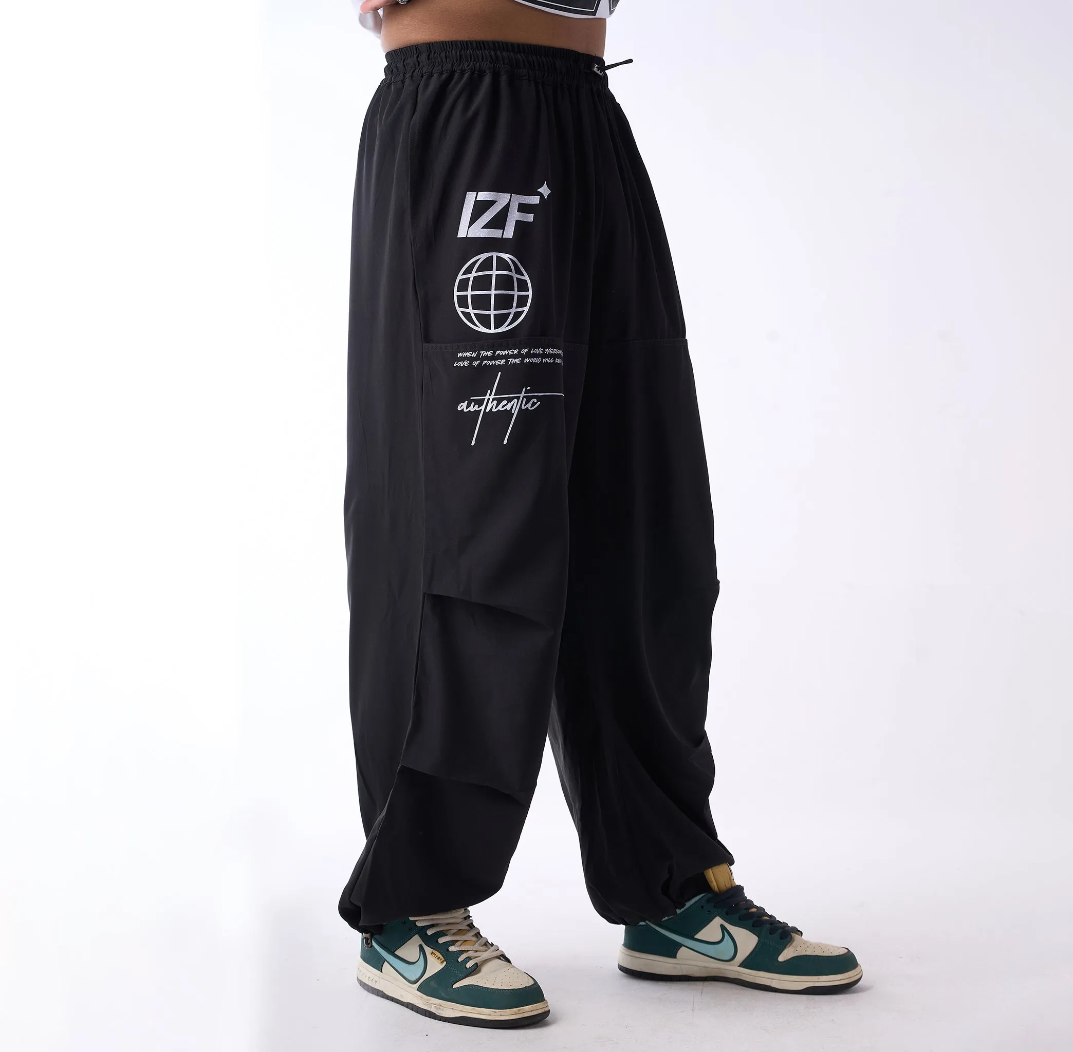 Black Printed Air Parachute Pants for Men