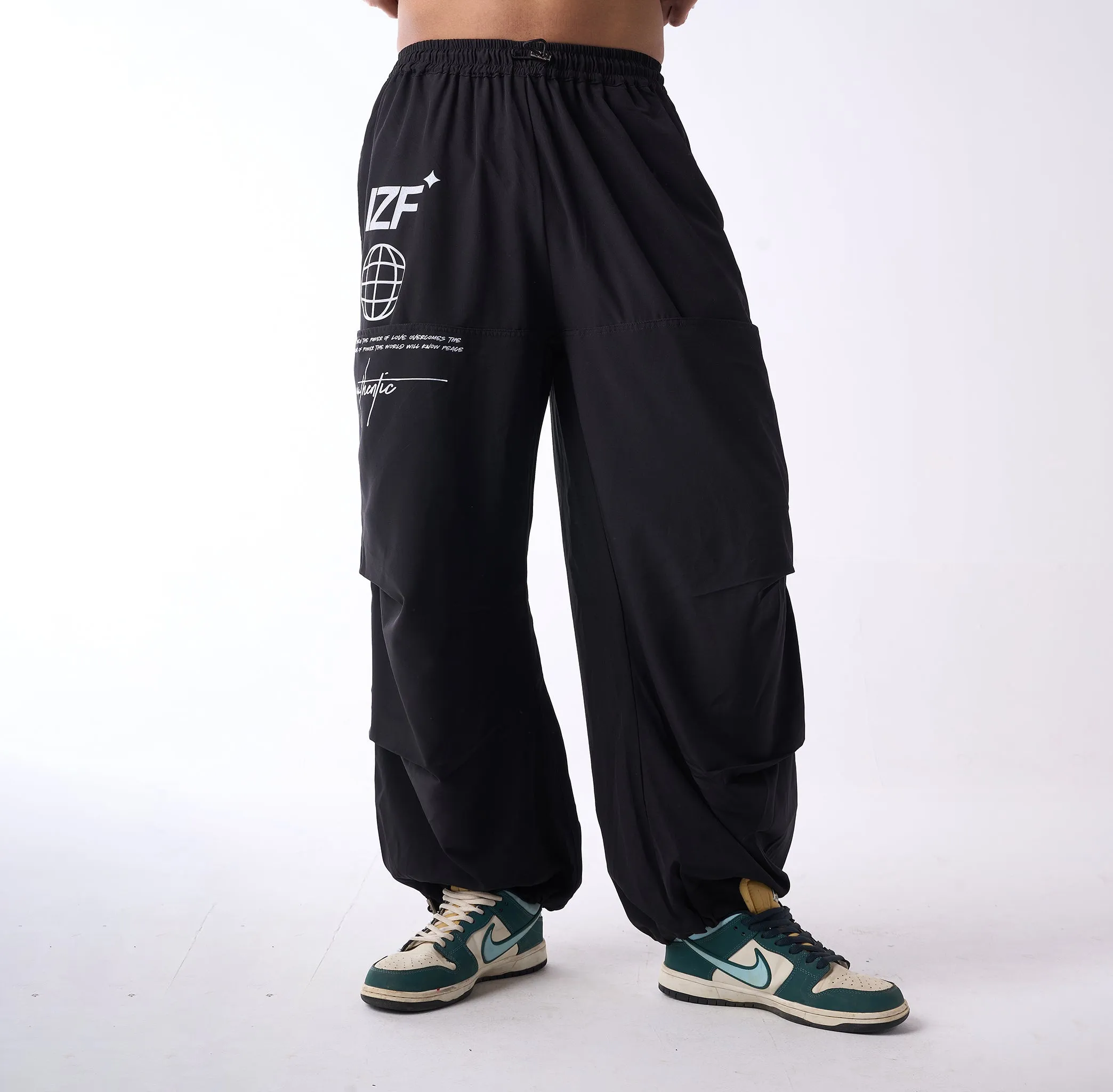 Black Printed Air Parachute Pants for Men