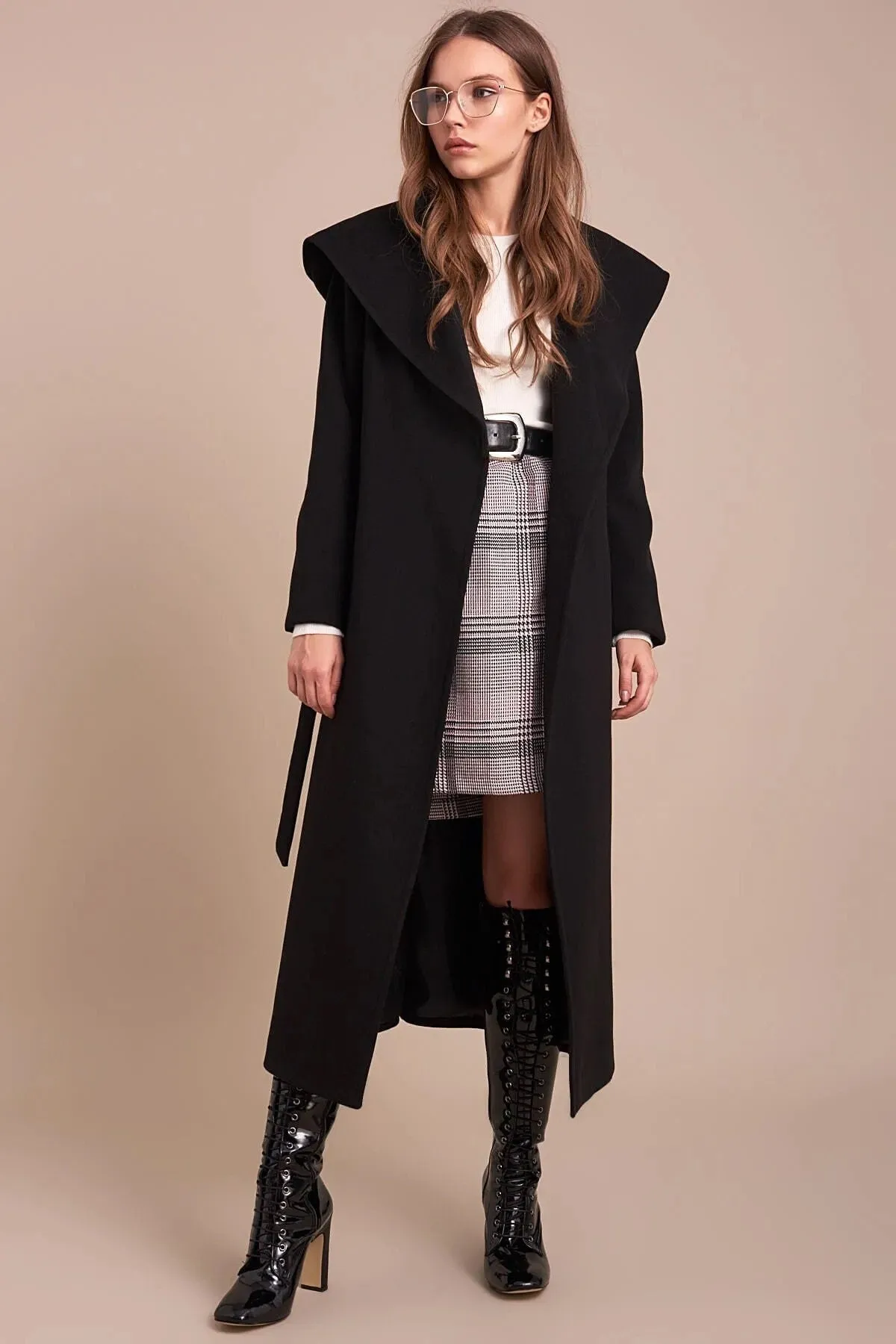 Camel Wool Long Coat with Hoodie