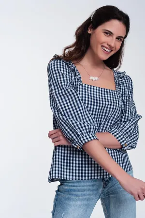 Check square neck top in navy
