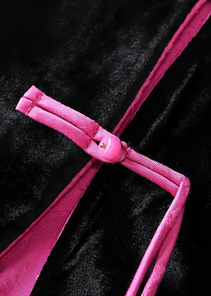 Chic Black Chinese Button Embroideried Silk Velour Coats Long Sleeve ML1358
