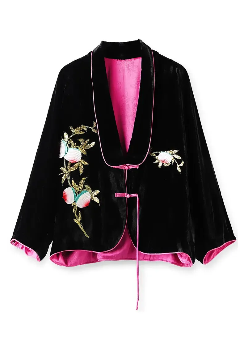 Chic Black Chinese Button Embroideried Silk Velour Coats Long Sleeve ML1358