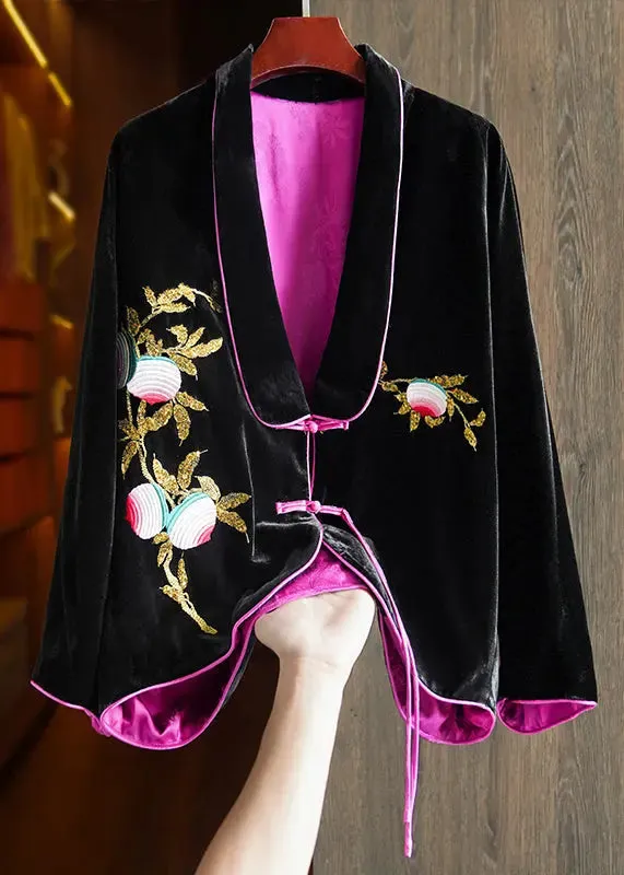 Chic Black Chinese Button Embroideried Silk Velour Coats Long Sleeve ML1358