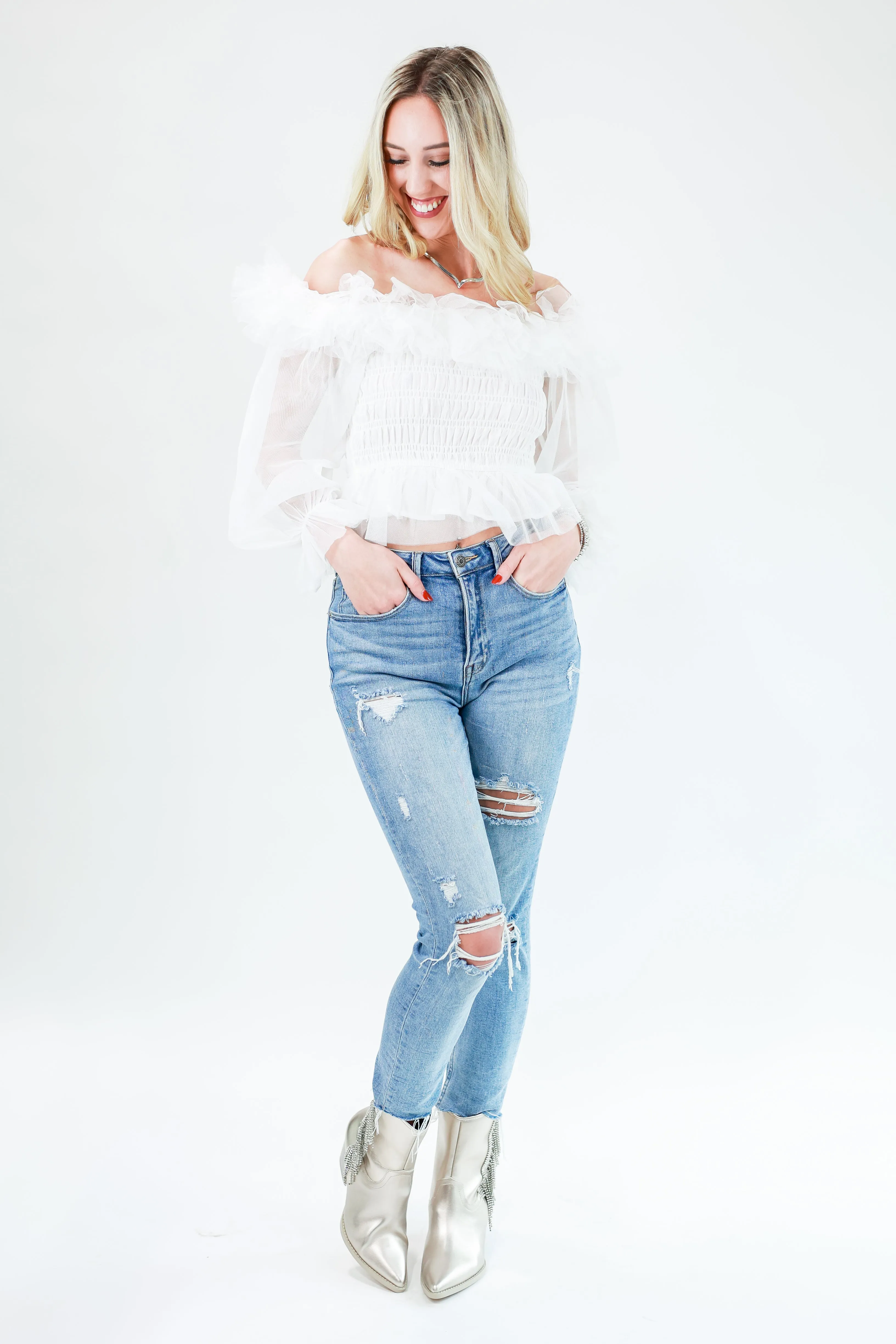 Complimenting Accent Tulle Top In White