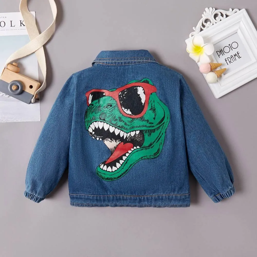 COTTNBABY Cartoon Dinosaur Print Street Style Denim Jacket