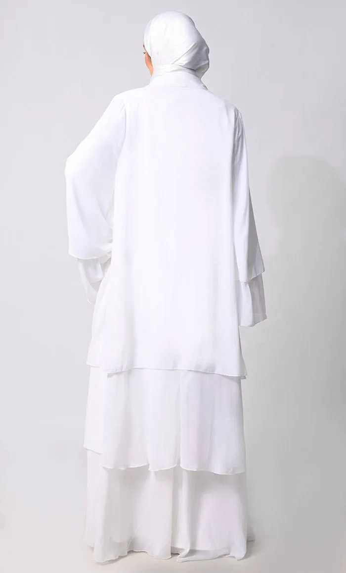 Elegance in Layers: White Tiered Shrug with Satin Lining - Final Sale