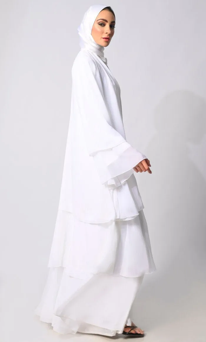 Elegance in Layers: White Tiered Shrug with Satin Lining - Final Sale