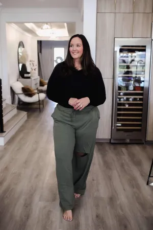 Emma French Terry Laser Cut Pants - Lt Olive (PLUS)