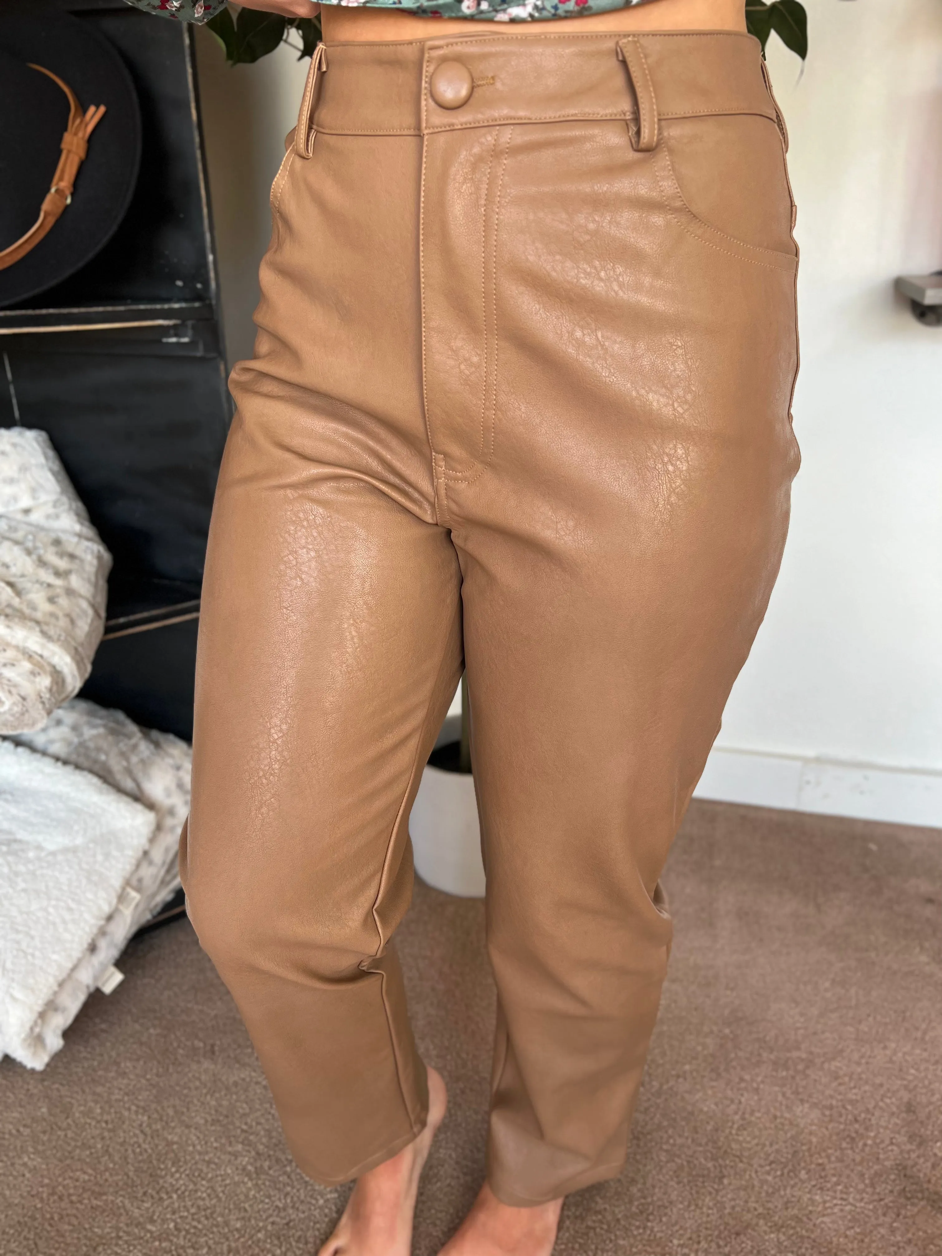 Faux Leather Straight Leg Pants, Coco