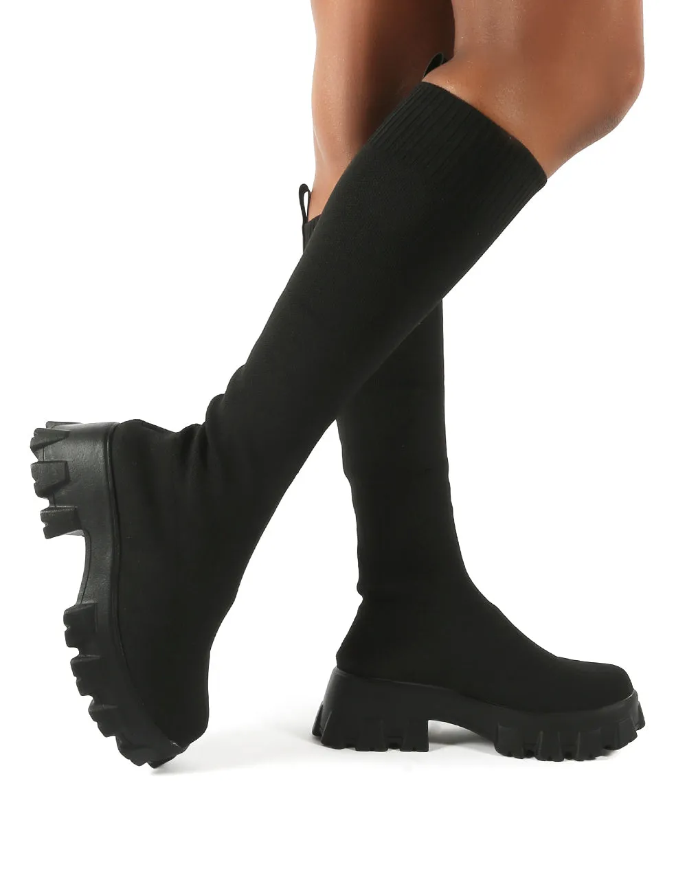 Future Black Knit Chunky Sole Knee High Boots