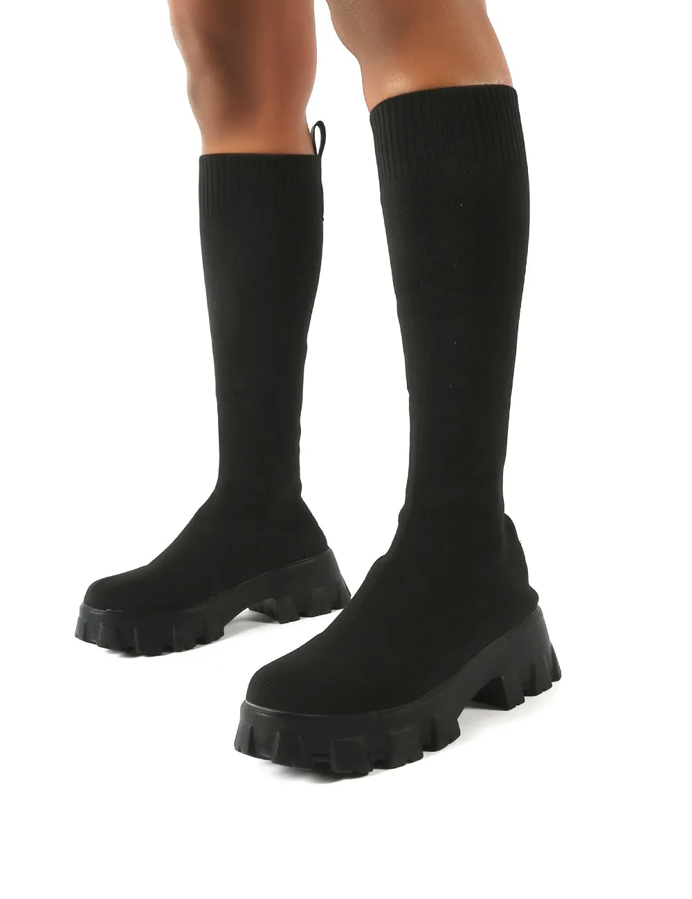 Future Black Knit Chunky Sole Knee High Boots