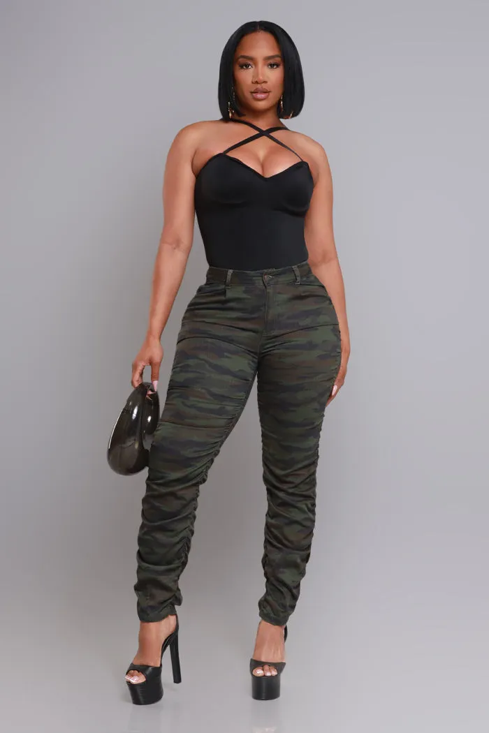 Judgement Day High Rise Ruched Cargo Pants - Green Camo
