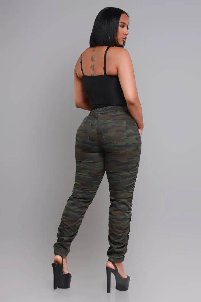 Judgement Day High Rise Ruched Cargo Pants - Green Camo