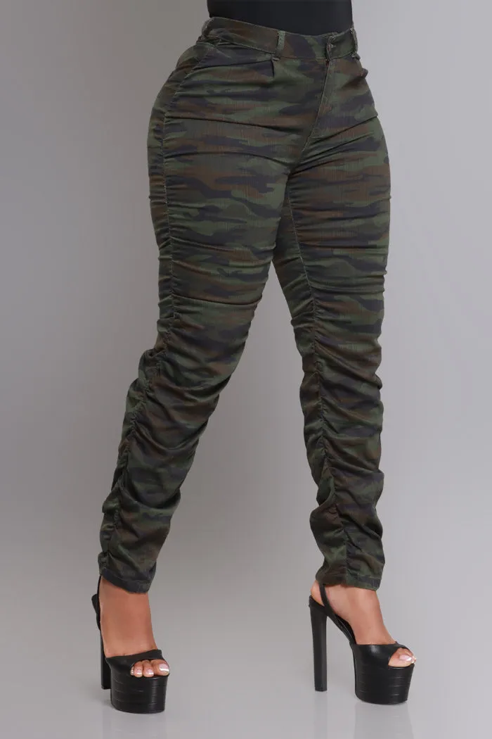 Judgement Day High Rise Ruched Cargo Pants - Green Camo