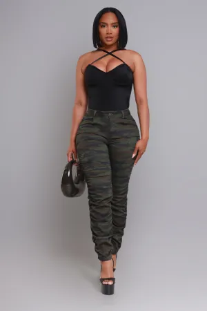 Judgement Day High Rise Ruched Cargo Pants - Green Camo