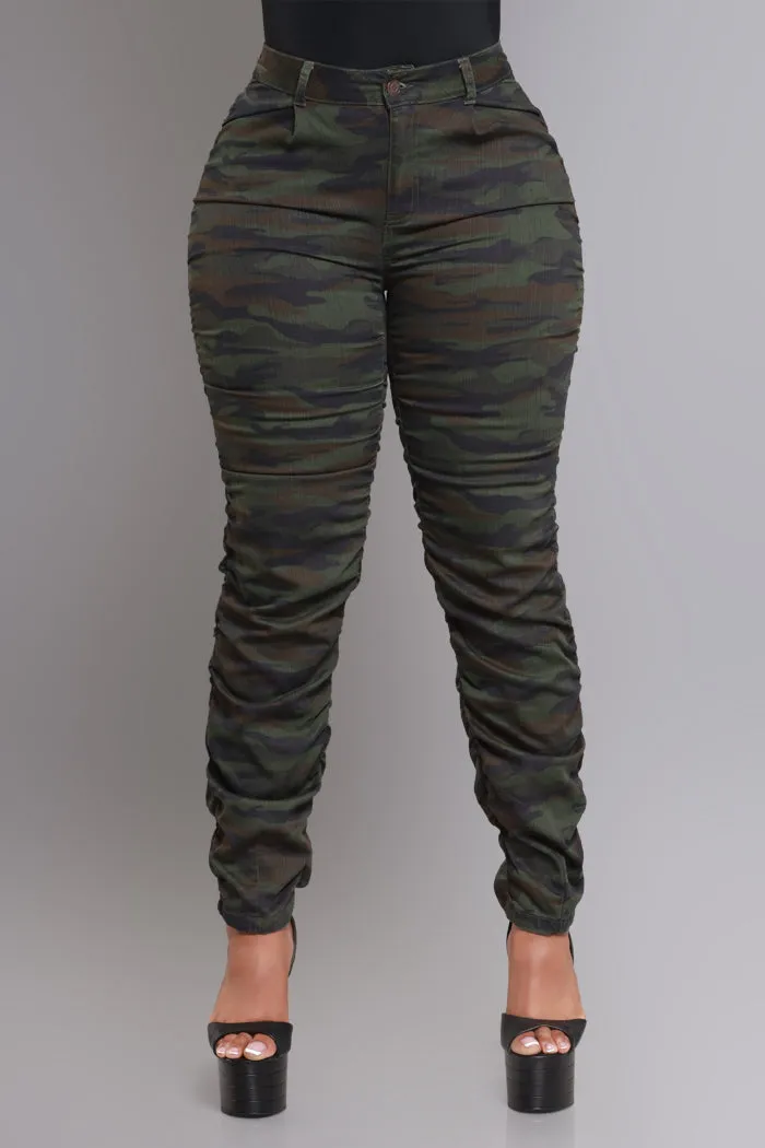 Judgement Day High Rise Ruched Cargo Pants - Green Camo