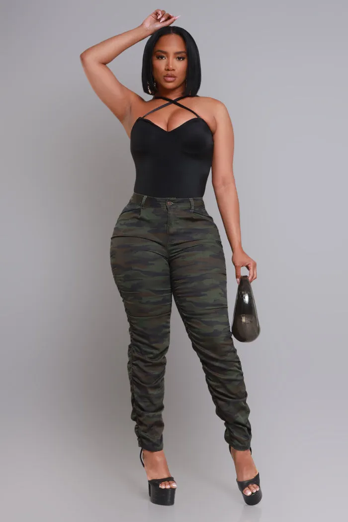 Judgement Day High Rise Ruched Cargo Pants - Green Camo