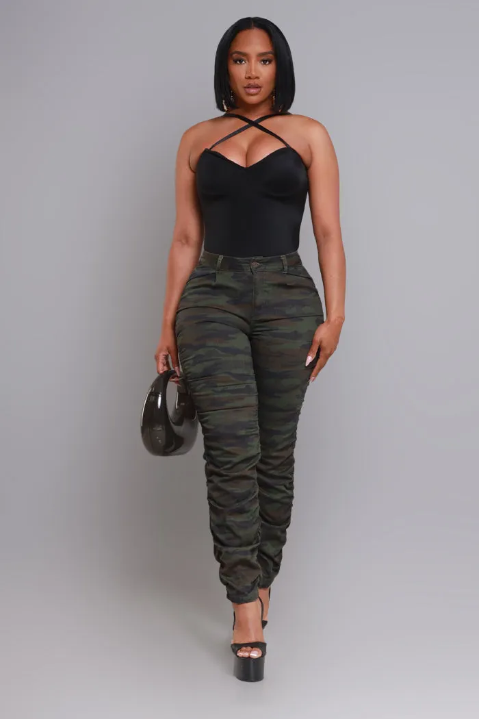 Judgement Day High Rise Ruched Cargo Pants - Green Camo