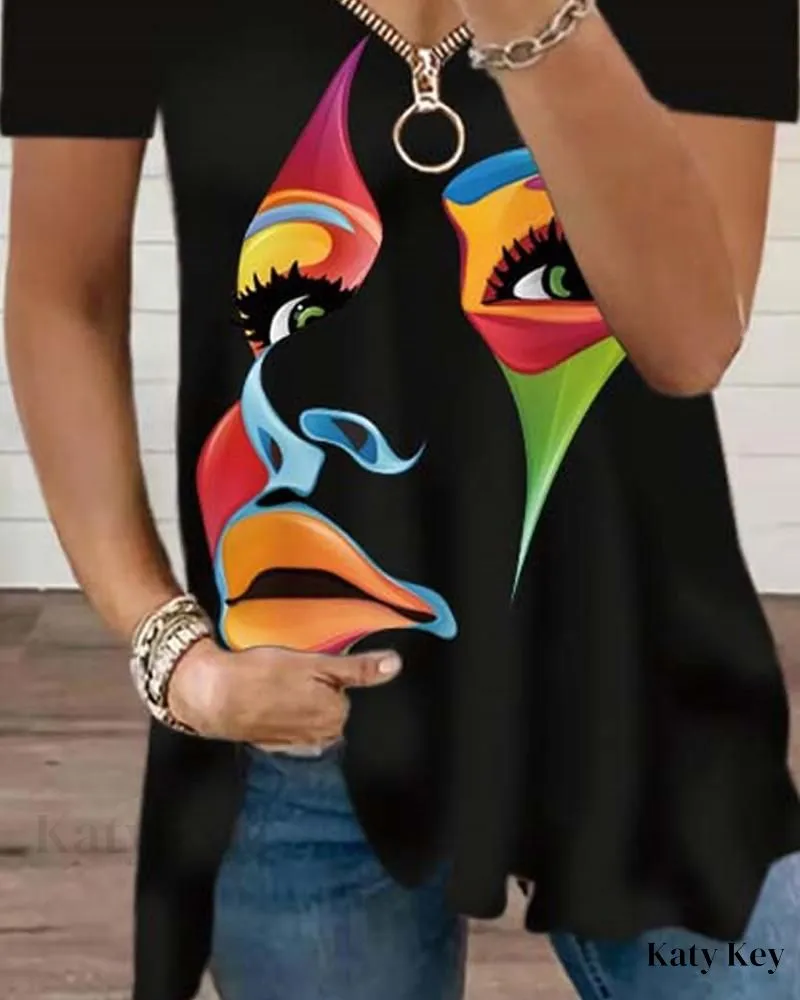 KatyKey - Artistic Stylized Figure Print Cold Shoulder Blouse