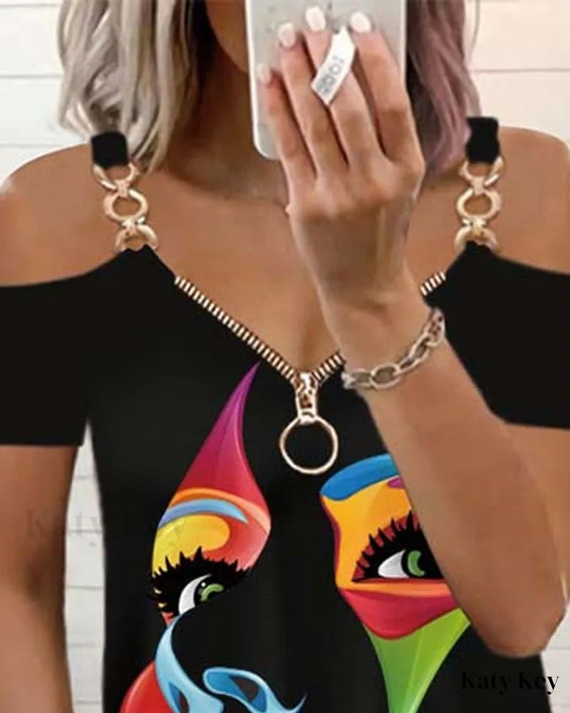 KatyKey - Artistic Stylized Figure Print Cold Shoulder Blouse