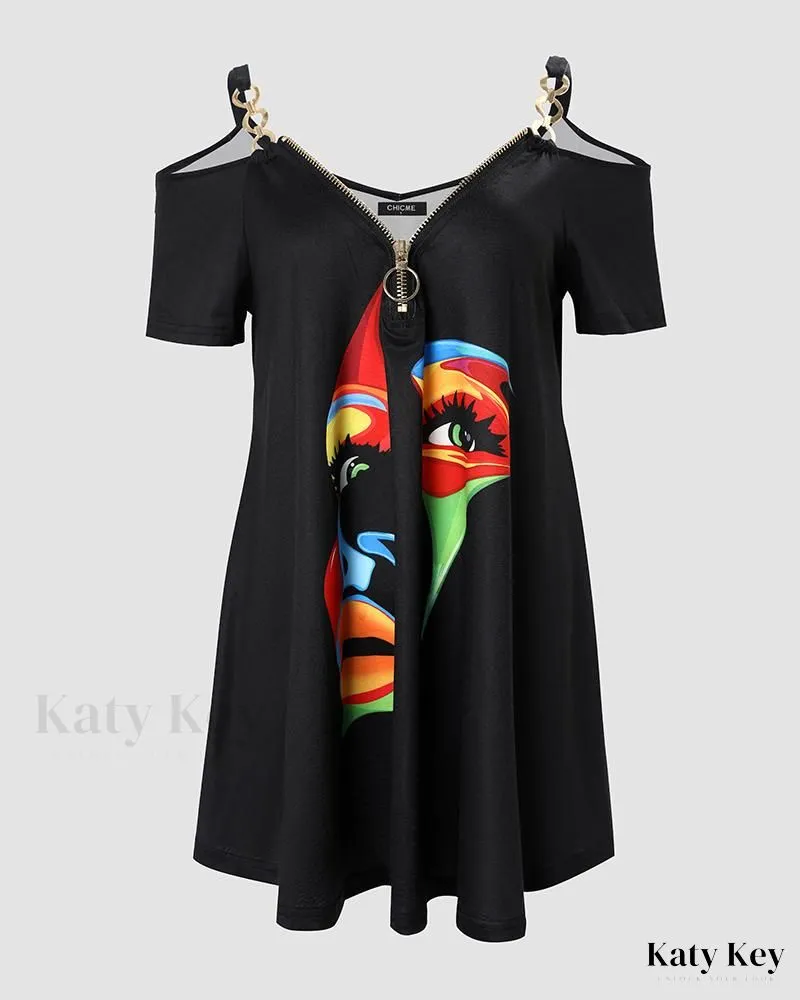 KatyKey - Artistic Stylized Figure Print Cold Shoulder Blouse