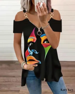 KatyKey - Artistic Stylized Figure Print Cold Shoulder Blouse
