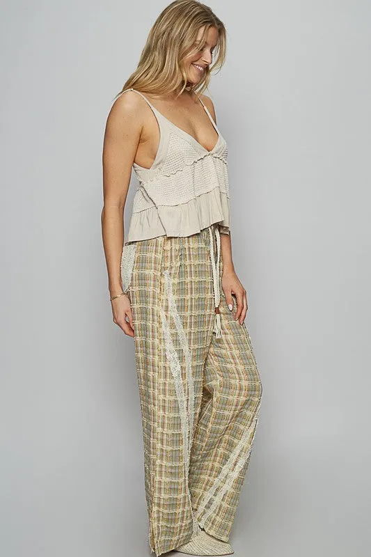 Lace Trim Checkered Wide Leg Pants