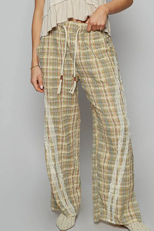 Lace Trim Checkered Wide Leg Pants